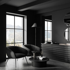 Grey living room interior with armchairs and drawer near panoramic window
