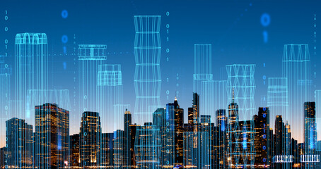 Night New York city, wireframe network interface