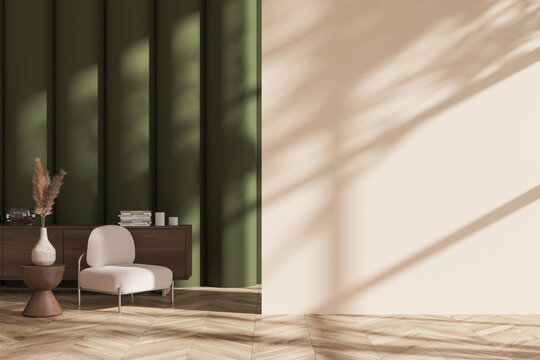 Green and beige living room interior with armchair and coffee table. Mockup wall