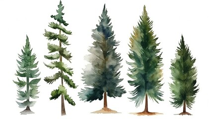 set of watercolor pine tree forest, generative ai