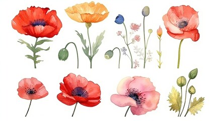 set of watercolor poppy flowers, generative ai