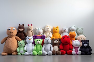 Plush toy collection displayed on a white wall. AI