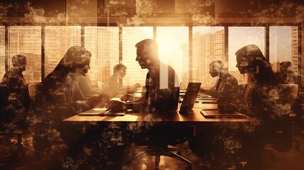 Silhouette of business people work together in office. Concept of teamwork and partnership. double exposure with light effects