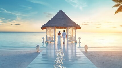 Luxury travel, romantic beach getaway holidays for honeymoon couple, tropical vacation in luxurious hotel