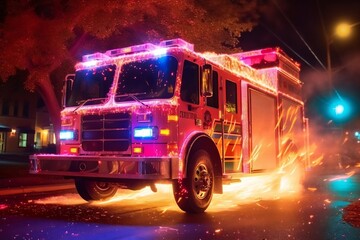 Lights flashing on a fire engine. AI