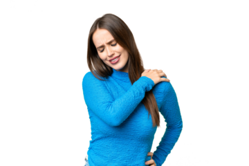 Young beautiful woman over isolated chroma key background suffering from pain in shoulder for having made an effort