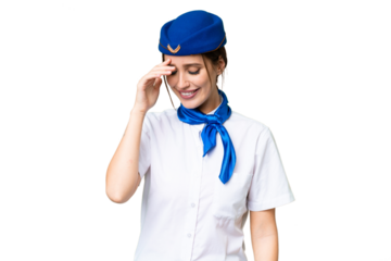 Airplane stewardess over isolated chroma key background laughing