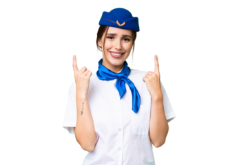 Airplane stewardess over isolated chroma key background pointing up a great idea