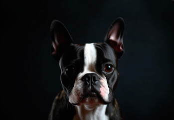 Fototapeta premium Boston Terrier on a black background, isolated, low key, central composition. Generative AI