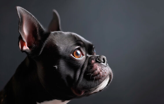 Boston Terrier on a black background in profile, isolated, discreet, copy space. Generative AI