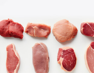 Set of different types of raw meat. Top view on the table. White background. AI generated.