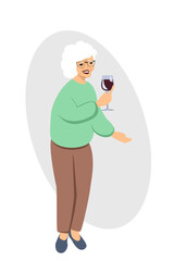 An elderly woman is depicted in full height is holding a glass of a red wine. Vector flat illustration. Vector illustration