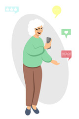 Elderly Woman with smartphone. Senior smiling lady using phone for Communication, chatting in social media app. Vector illustration isolated on white background. Vector illustration