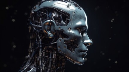 Artificial intelligence, composition of a chrome cyborg robot on a dark background, isolate. AI generated.