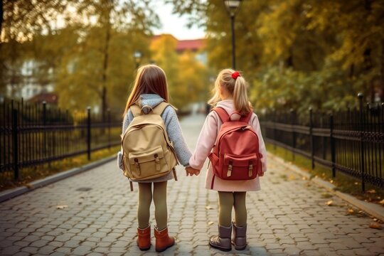 In Summary, Two Girls Holding Hands With Backpacks, Seen From Behind. AI