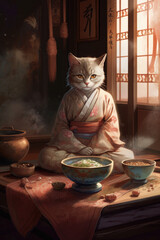 An AI-generated illustration of a cat wearing a kimono
