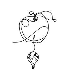 Drawing line apple with light bulb on the white background