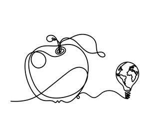 Drawing line apple with light bulb on the white background