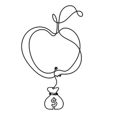 Drawing line apple with dollar on the white background