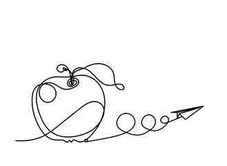 Drawing line apple with paper plane on the white background