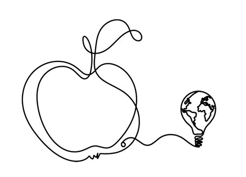 Drawing line apple with light bulb on the white background