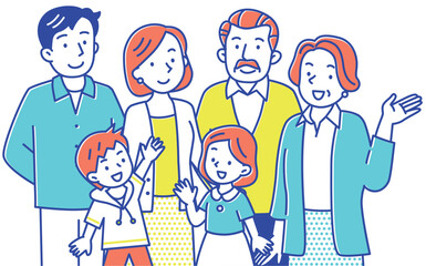 Naklejka premium 笑顔でこちらを向いた三世代の仲良し6人家族