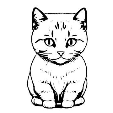 Hand drawn black vector illustration a portrait of a beautiful fan kitten with big eyes isolated on a white background