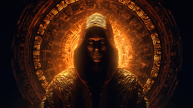 Silhouette of a man in a black cloak on the background of an orange mandala