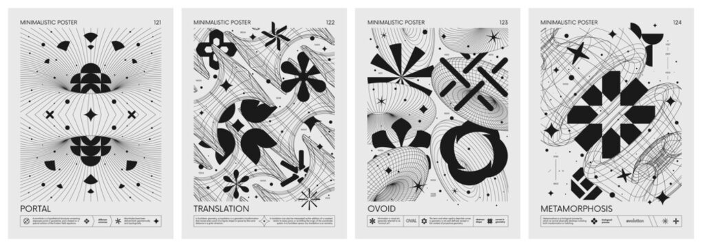 Futuristic retro vector minimalistic Posters with 3d strange wireframes form graphic of geometrical shapes modern design inspired by brutalism and silhouette basic figures, set 31