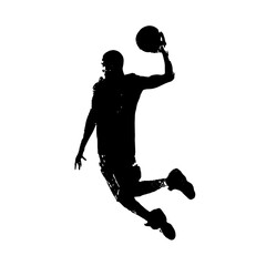 A visually striking scene captures the essence of basketball as a brushstroke graphic silhouette portrays a player soaring through the air, ready to slam dunk with impressive athleticism and skill.