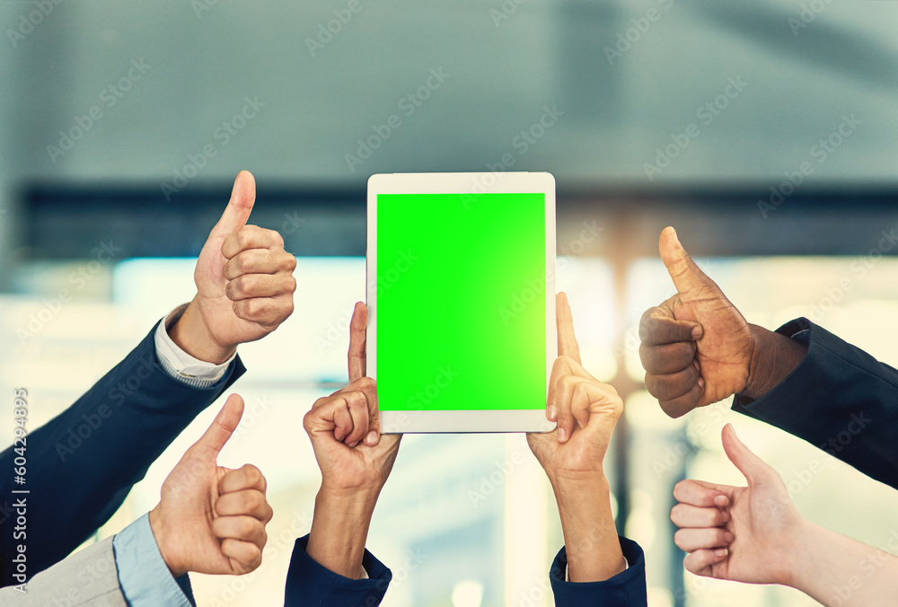 Poster green screen, thumbs up and hands of business people on tablet for website, contact us and internet 