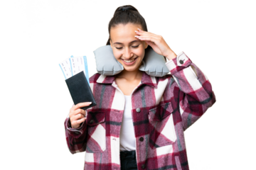 Young Traveler woman holding a passport over isolated chroma key background laughing