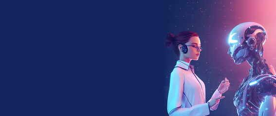 Person talking with robotic AI, AI technology. Generative AI