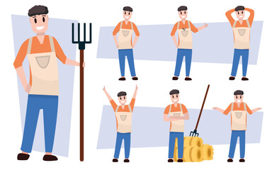 farmers, male rural characters in different poses. agricultural worker, handyman, collective farmer, villager. vector simple cartoon characters.