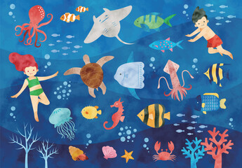 水彩の海の生物イラストセット © pocha pocha