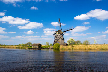 Naklejka premium rural landscape with windmills at famous tourist site Kinderdijk in Netherlands
