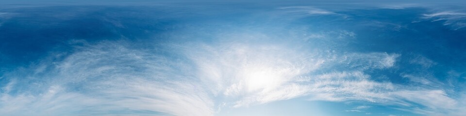 Blue summer sky panorama with Cirrus clouds. Seamless hdr spherical 360 panorama. Sky dome in 3D visualization, sky replacement for aerial drone 360 panoramas. Climate and weather change.