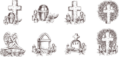 Hand drawn set for  Funeral service.  Vector illustration. Attributes and symbols of condolence, loss, dead, bereavement and cemetry. 