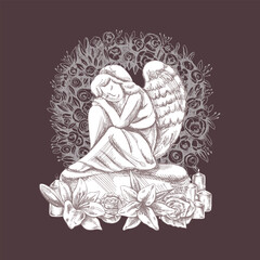 Hand drawn sad stone angel sitting with his head on his knees. Marble tombstone with candles and lilies. Vector drawing isolated on brown background, illustration for funeral business. 