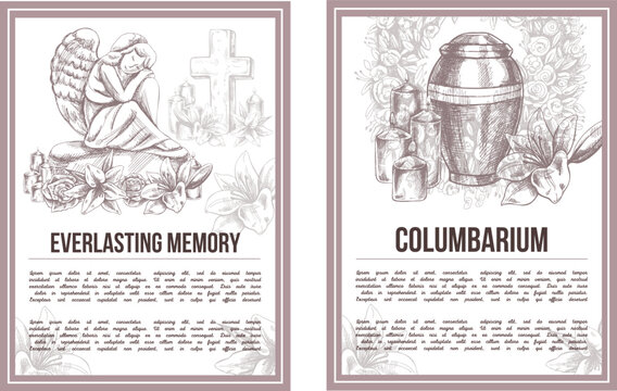 A hand-drawn set of vector funeral service banners.  Sketch illustration for condolence card and advertising of columbarium and cemetry with urn for ashes, vintage tombstone angel, wreath, cross