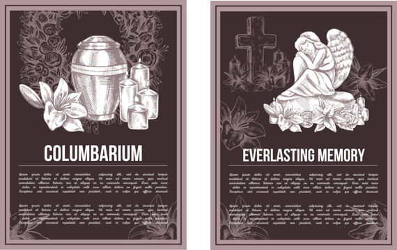 A hand-drawn set of vector funeral service banners.  Sketch illustration for condolence card and advertising of columbarium and cemetry with urn for ashes, vintage tombstone angel, wreath, cross