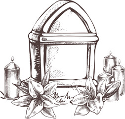 Old hand drawn murble stone tombstone with candles and lilies.. Rest in peace vector drawing illustration for funeral service, card or last farewell card. Sketch of grave or cemetery, resting place