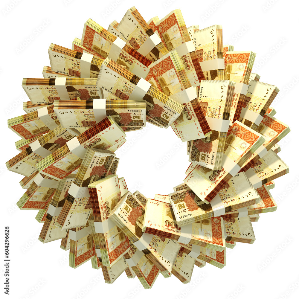 Poster 3d rendering of stacks of pakistani rupee arranged in a circular pattern.