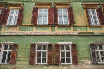 Medieval street with historical buildings in the heart of Romania. Sibiu the eastern European citadel city. Travel in Europe