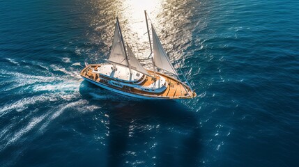Fototapeta premium Luxurious sailing boat cruiser. Aerial view of the holiday boat cruiser at sea in blue waters. Generative Ai.