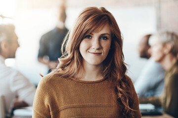 Business, portrait of businesswoman happy and meeting in office at work with coworkers in...