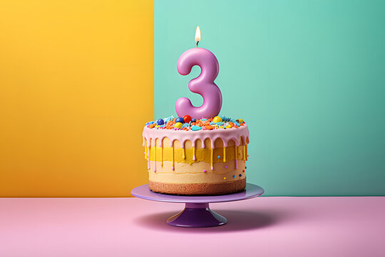 3rd years birthday cake on isolated colorful pastel background. Generative Ai.