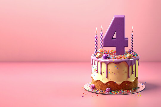 4th years birthday cake on isolated colorful pastel background. Generative Ai.