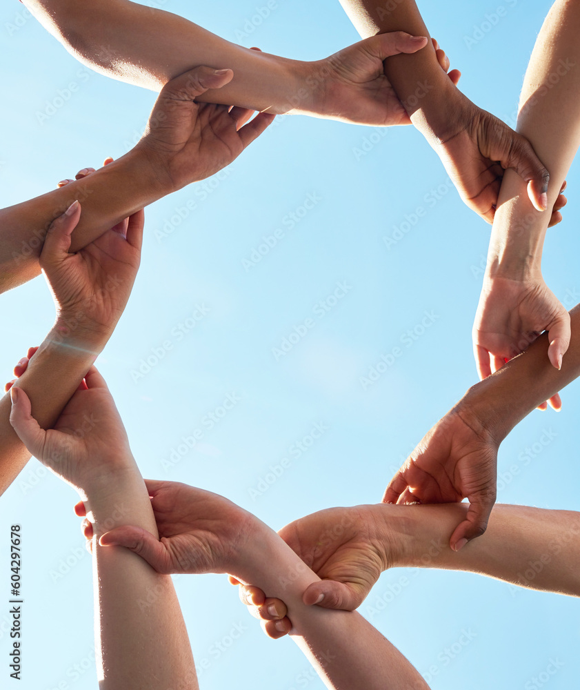 Aufkleber hands, chain and circle with team and blue sky with low angle, solidarity and trust with arm link an