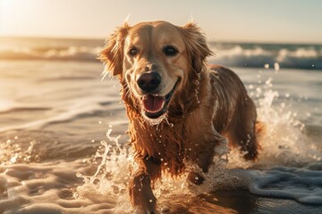 Generative AI, Happy Golden Retriever dog at the beach in summer - obrazy, fototapety, plakaty
